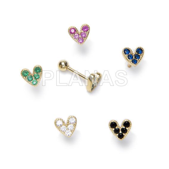 Earrings with screw closure in sterling silver and gold plated with zircons. heart.