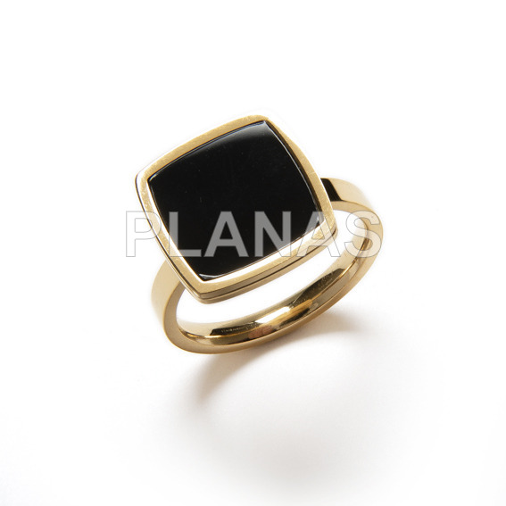 Ring in stainless steel and gold bath with black enamel.