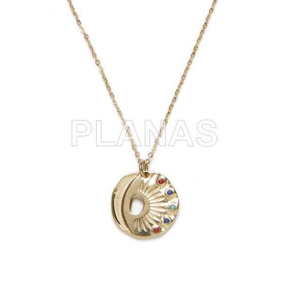 Pendant in stainless steel and gold plating with colored zircons. eye.