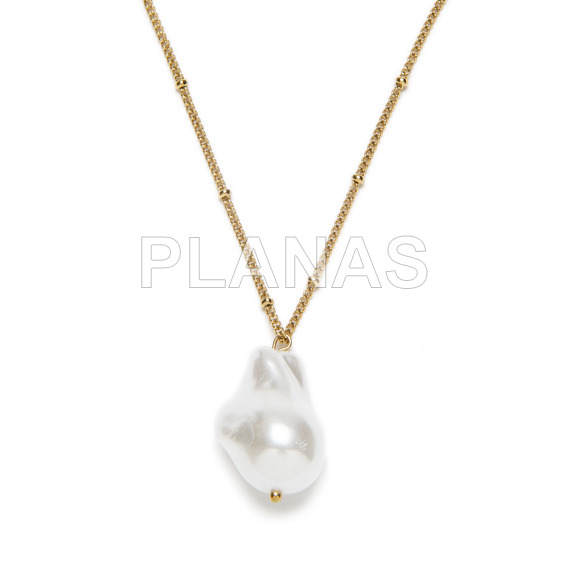 Pendant in stainless steel and gold plating with synthetic pearl.