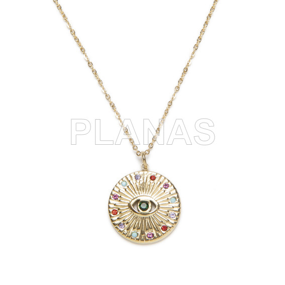 Pendant in stainless steel and gold plating with colored zircons. eye.