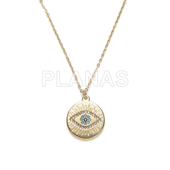 Pendant in stainless steel and gold plating with blue zircons. eye.