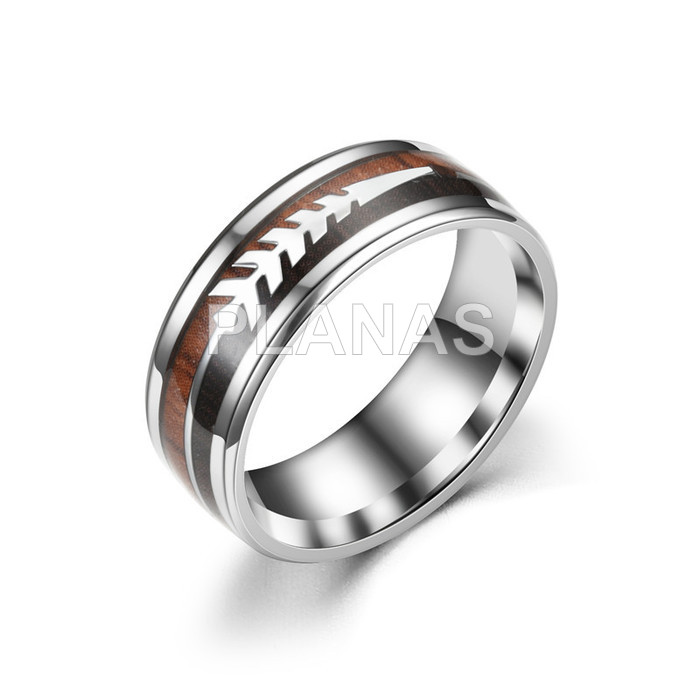 Titanium steel ring with wood grains in 2 colors. arrow.