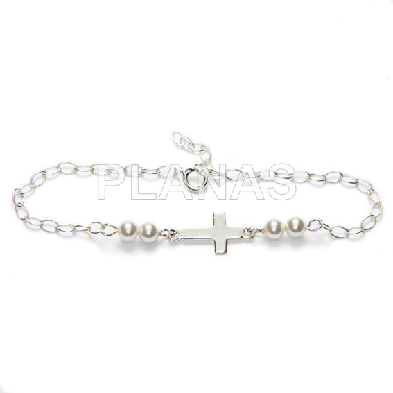 Adjustable bracelet in sterling silver and pearl sw 4mm. cross.