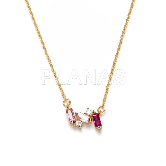 Colgante en Plata de ley y baño oro con Circonitas rosas. 