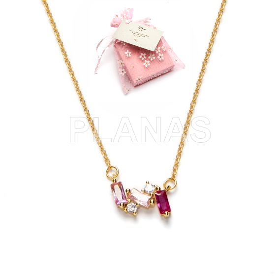 Colgante en Plata de ley y baño oro con Circonitas rosas. 
