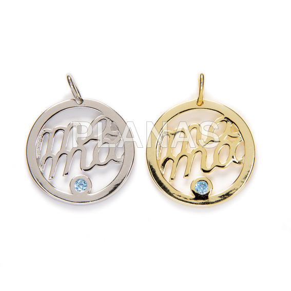 Pendant in rhodium plated sterling silver and blue zirconia. mama.