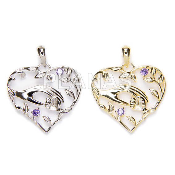 Pendant in rhodium plated sterling silver and lilac zircons. heart.