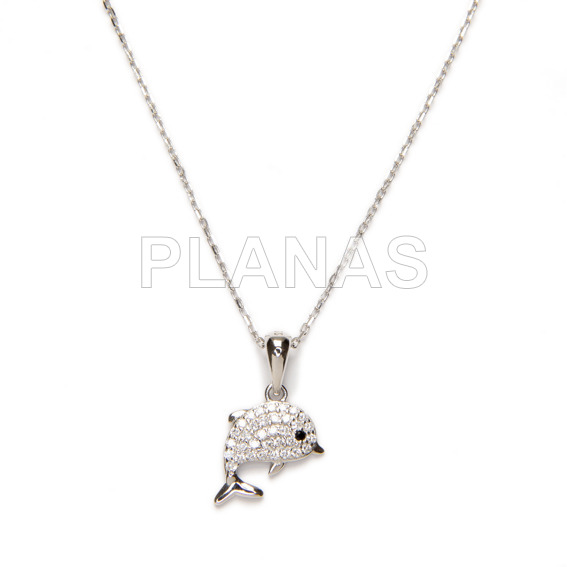 Pendant in rhodium plated sterling silver and zircons. dolphin.