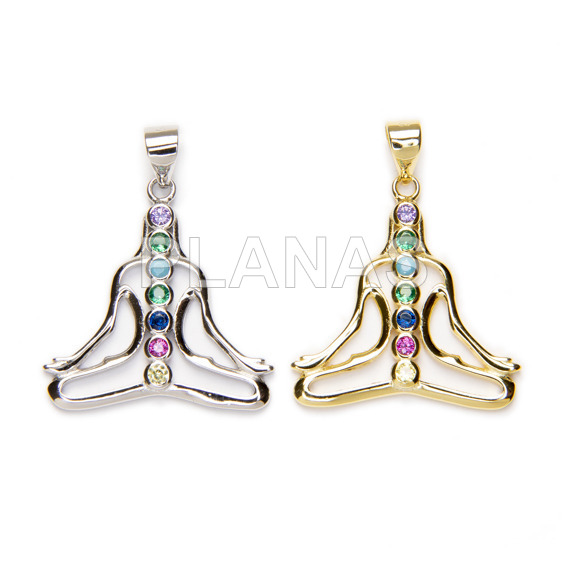 Pendant in rhodium-plated sterling silver and colored zircons. yoga.