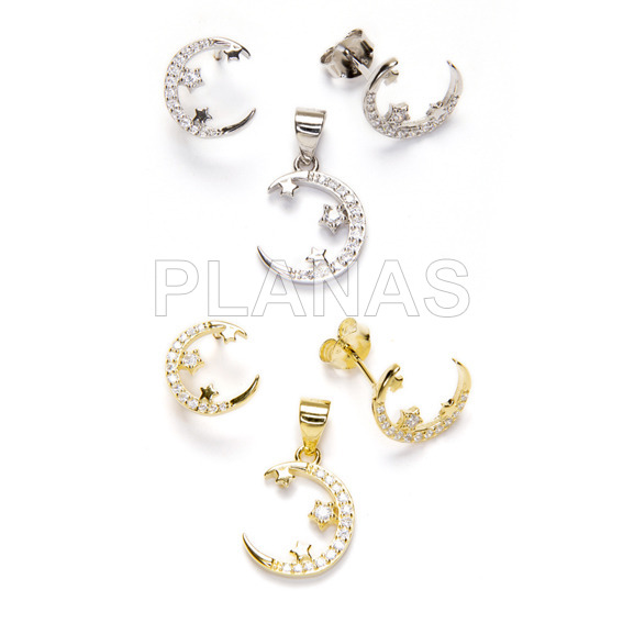 Set in rhodium plated sterling silver and white zirconia, earrings and pendant. moon.
