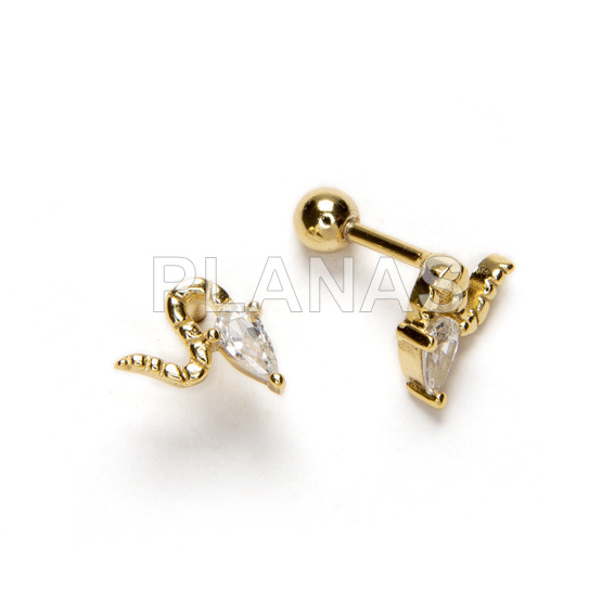 Sterling silver and gold plated earrings with zirconia and screw closure. snake.