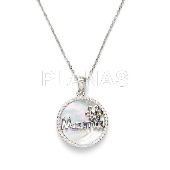 Pendant in rhodium-plated sterling silver and mother-of-pearl with zircons. mama.