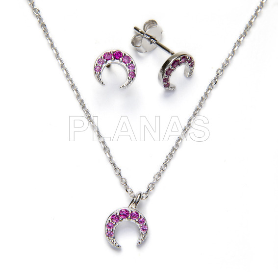 Rhodium-plated sterling silver and fuchsia zircons set. inverted moon.