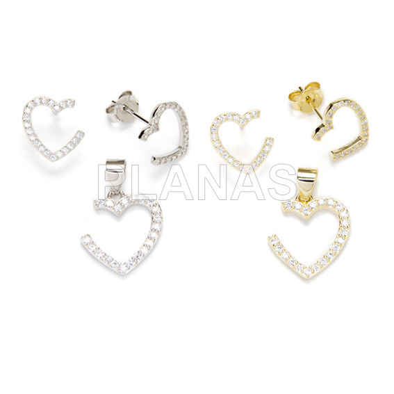 Set in rhodium plated sterling silver and zirconia, earrings and pendant. heart.