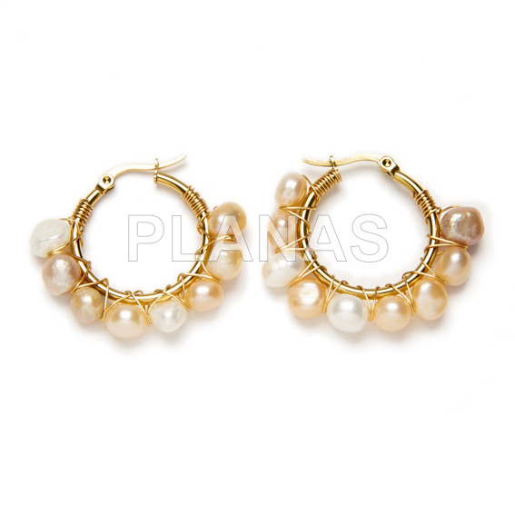 304 stainless steel and gold plated earrings with cream color cultured pearls.