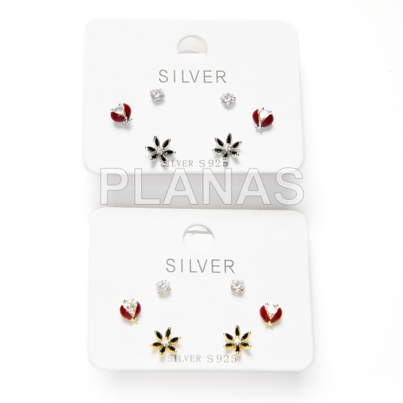 Set of 3 pairs of rhodium plated sterling silver and zirconia earrings. ladybird.
