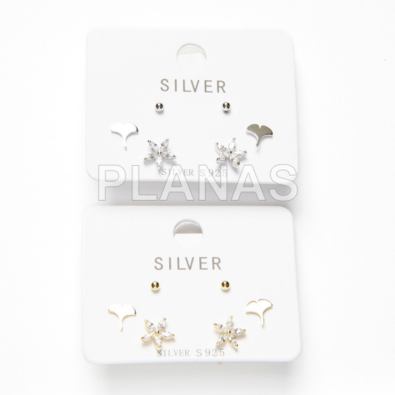 Set of 3 pairs of rhodium plated sterling silver and zirconia earrings. ginkgo flower.
