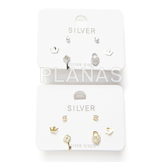 Set of 3 pairs of rhodium plated sterling silver and zirconia earrings. key and padlock.