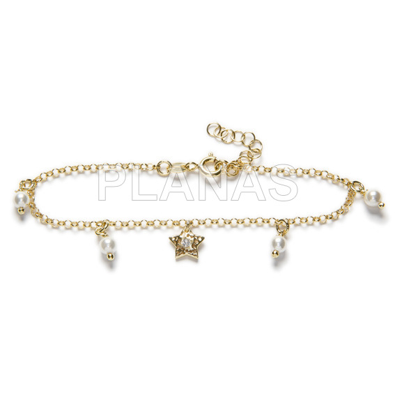 Sterling silver and gold plated bracelet with synthetic pearls. star.