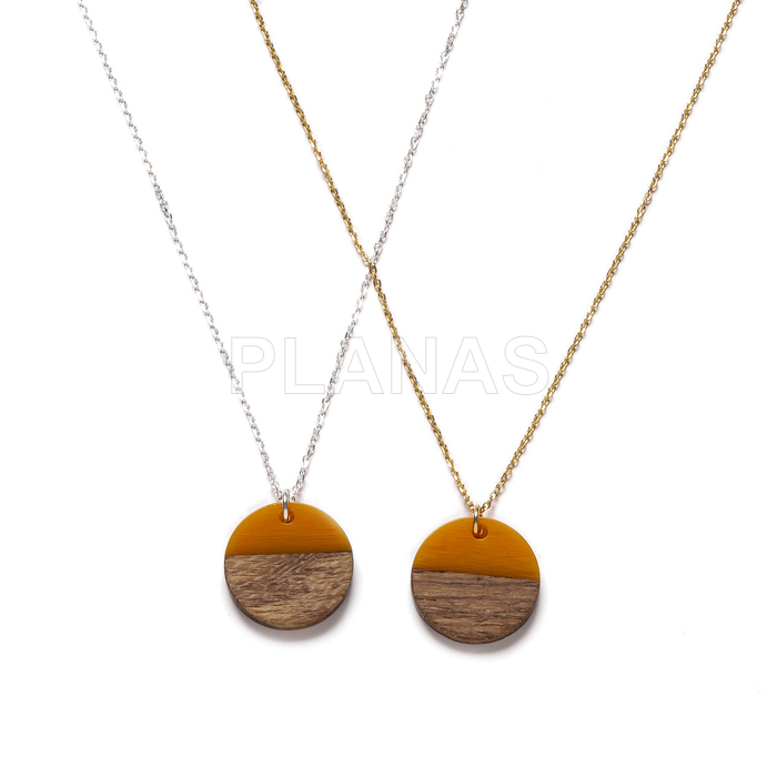 Sterling silver necklace piece in wood and orange resin.