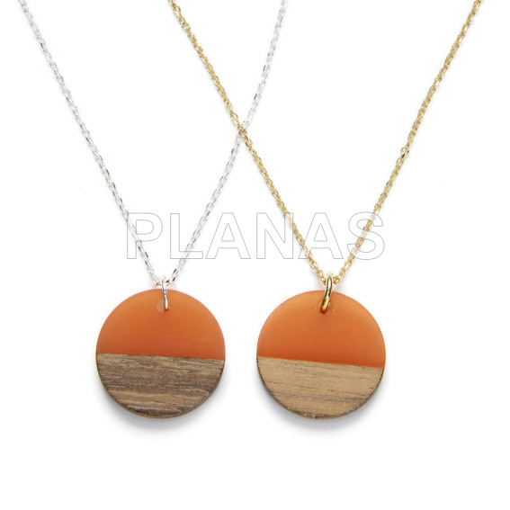 Sterling silver necklace piece in wood and orange resin.