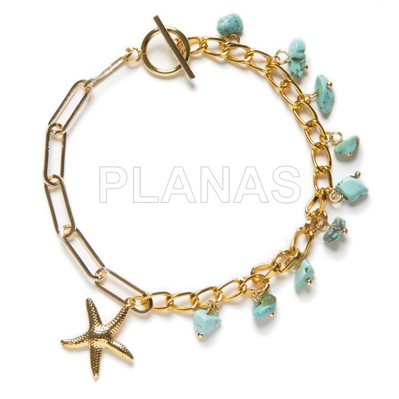 Synthetic turquoise ball anklet in brass and gold plated. starfish.