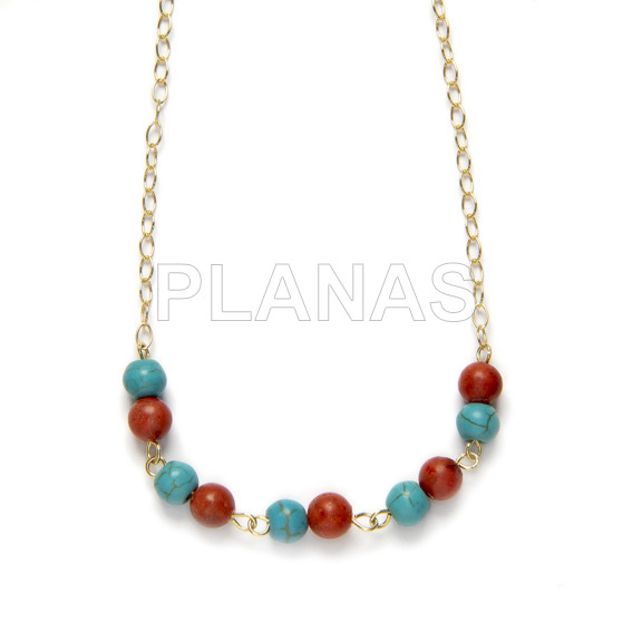Sterling silver and gold plated necklace with coral and turquoise balls.