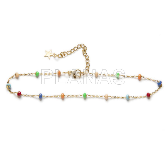 Anklet with enameled balls in stainless steel and gold plating. star.