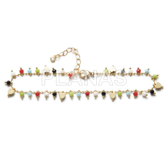 Colored ball anklet with brass and gold plating. hearts.