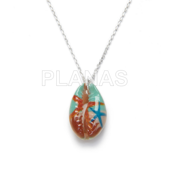 Necklace in sterling silver and enamelled shell with starfish.