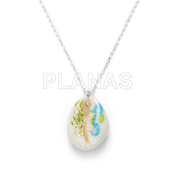 Necklace in sterling silver and enamelled shell with seahorse.
