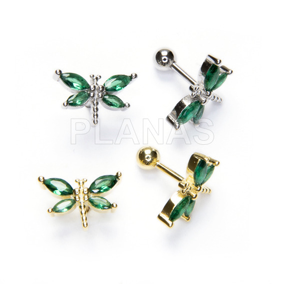 Earrings with screw closure in rhodium-plated sterling silver and green zircons. libelula.