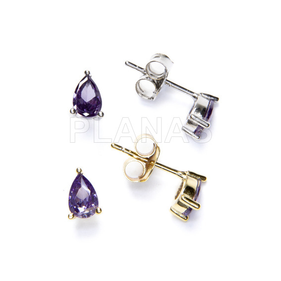 Pendientes en Plata de ley Rodiada y Circonitas lilas.LAGRIMA.