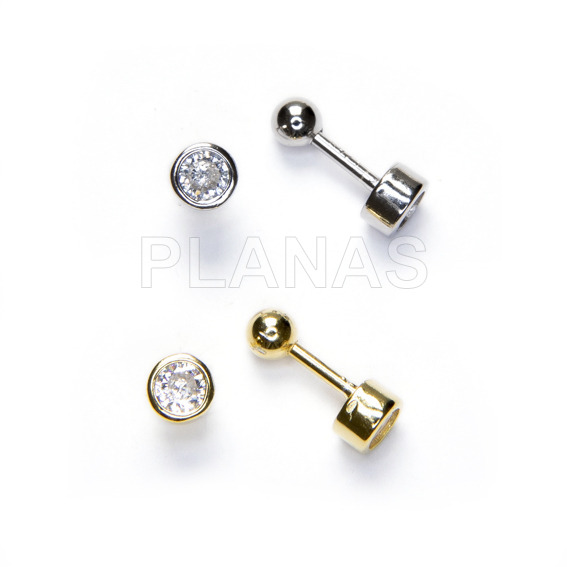 Earrings with screw closure in rhodium-plated sterling silver and zirconia. russian mount.