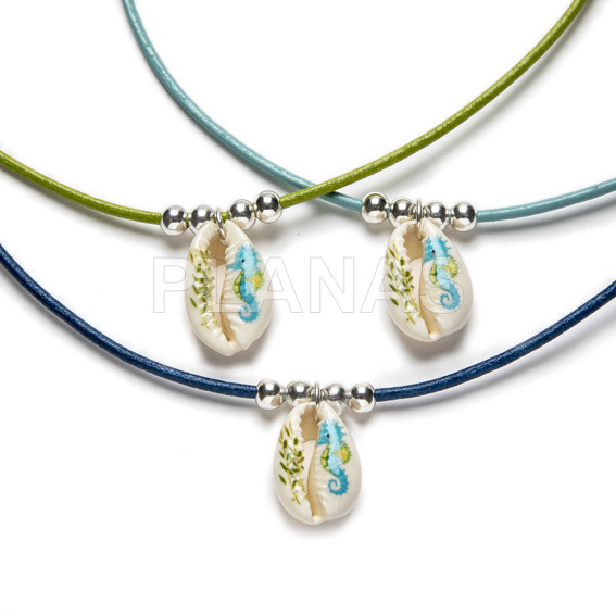 Leather and sterling silver necklace with enameled shell. sea horse.