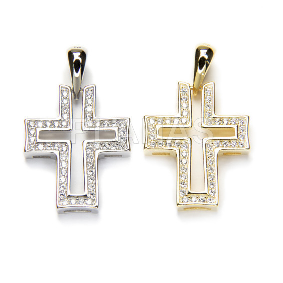 Pendant in rhodium plated sterling silver and white zircons. cross.