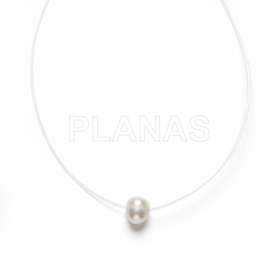 Invisible necklace finished in sterling silver and 8mm cultured pearl.