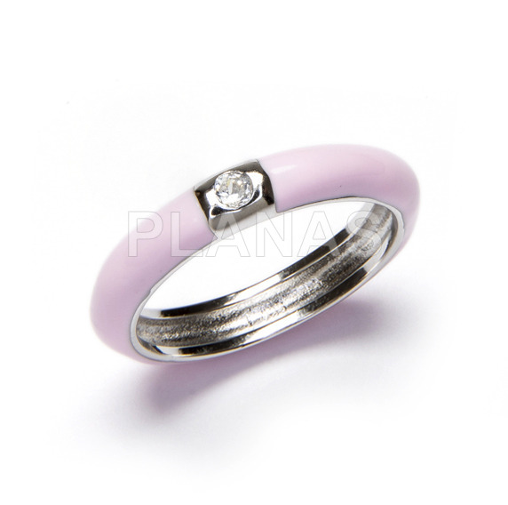 Sterling silver ring with cubic zirconia and pink enamel.