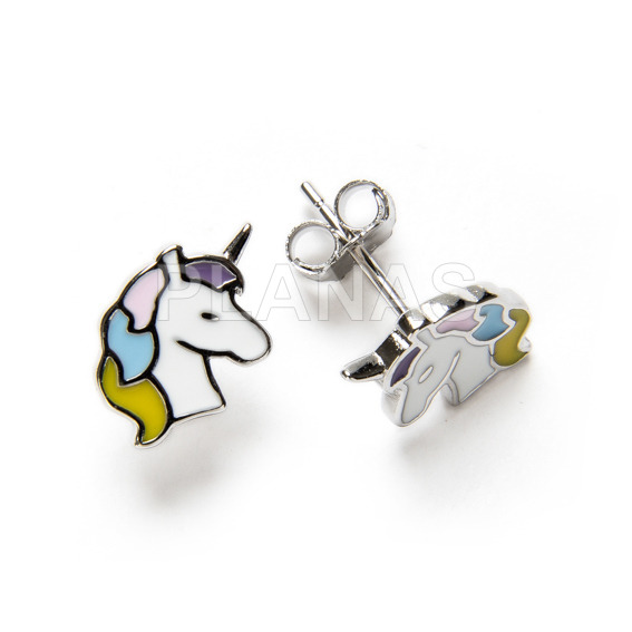 Sterling silver and enamel earrings. unicorn.