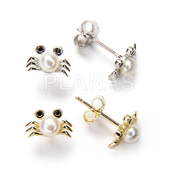 Sterling silver and 4mm cultured pearl earrings. crab.