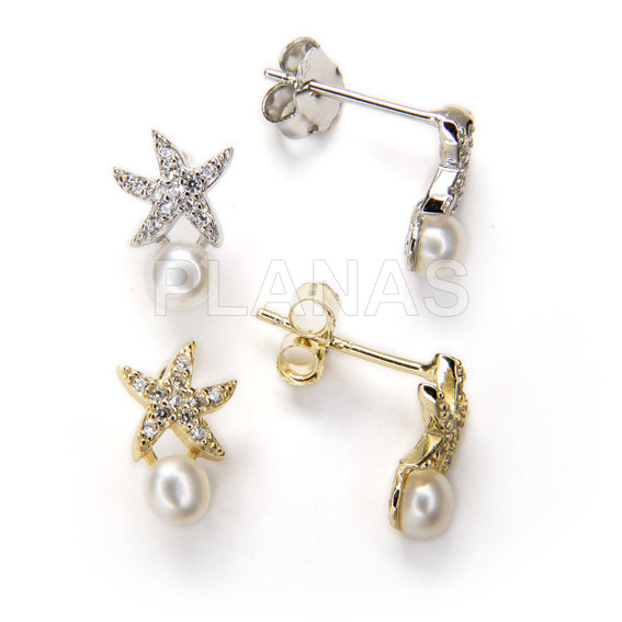 Sterling silver earrings with zircons and 4mm cultured pearl. starfish.