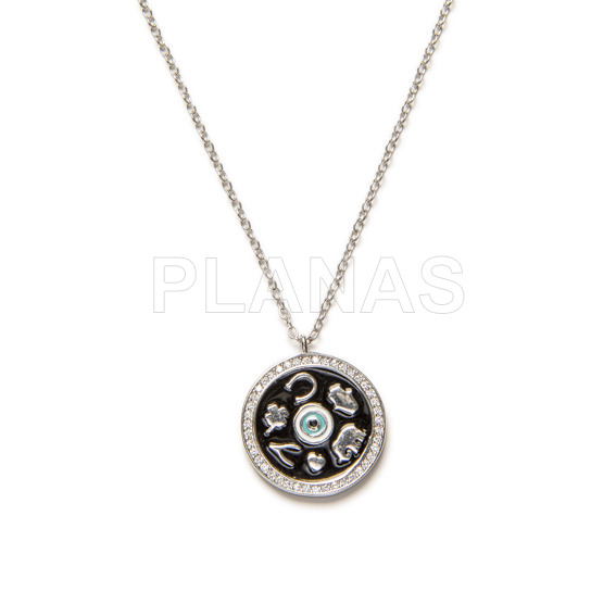 Necklace in rhodium plated sterling silver with enamel and zircons. necklace of luck.