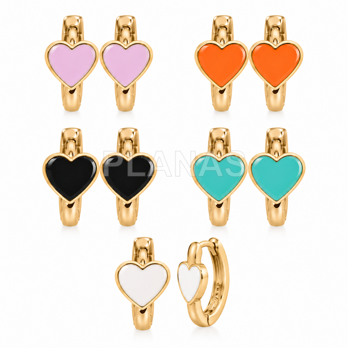 Aros en Plata de Ley y Baño Oro con esmalte. CORAZÓN. 