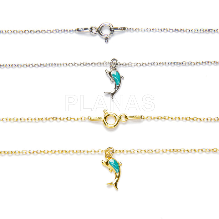 Necklace in rhodium plated sterling silver with turquoise enamel. dolphin.