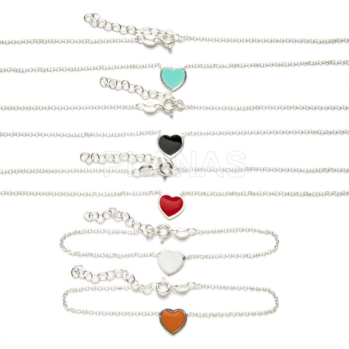 Necklace and bracelet in sterling silver and enamel. heart.