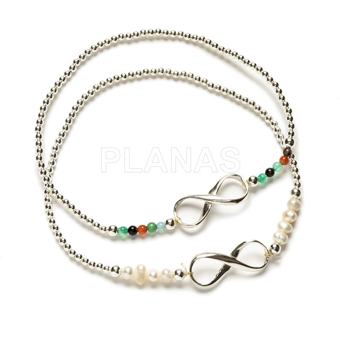 Elastic bracelet in sterling silver and minerals or pearls. infinite.