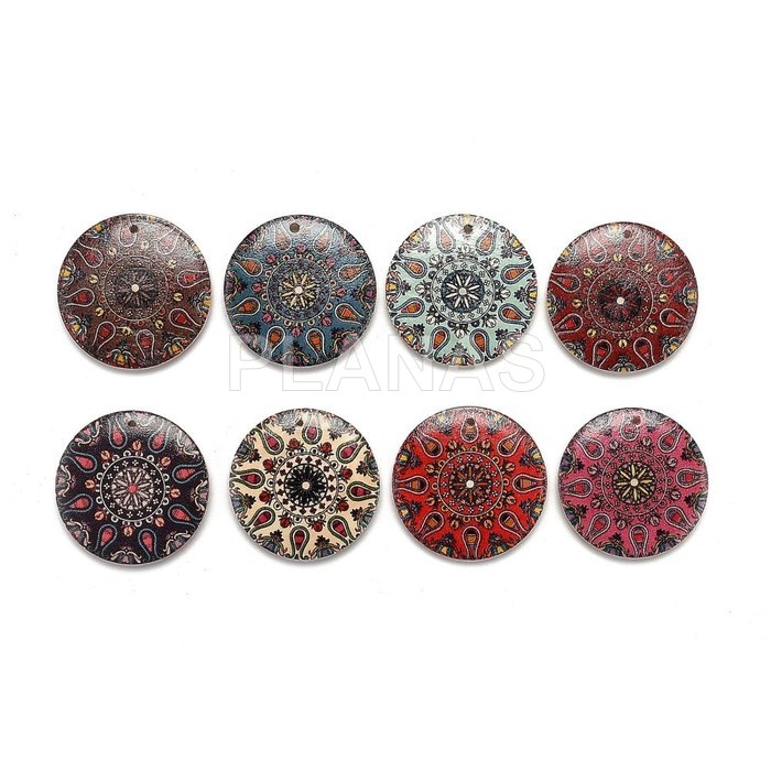 Pack of 8 units of round wooden beads assorted colors. mandala.
