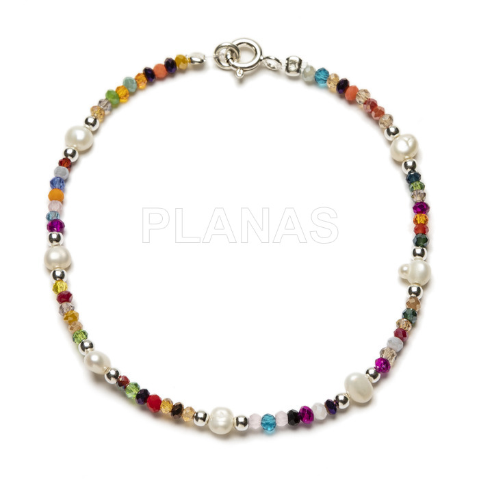 Bracelet in sterling silver and crystal, mix color and cultured pearls.
