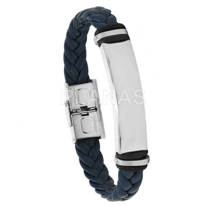 Blue synthetic leather and stainless steel bracelet.